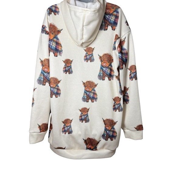 Highland Cow Sweatshirt White All Over Print Long Hoodie Button Front Size 2XL - Picture 4 of 6